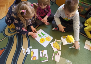 Dzieci układają puzzle i dopasowują nazwy części roślin.